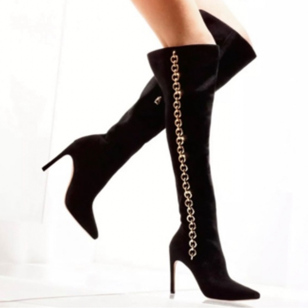 Via Spiga Over the Knee Black Suede High-heeled Boots with Gold Side Chain